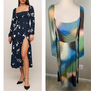 Reformation Sigmund Long Sleeve Blur Printed Midi Dress Size 12